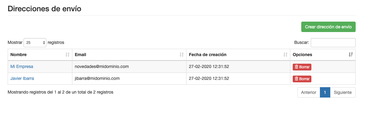 Eliminar una dirección de envío para Email - ME Servicios Tecnológicos