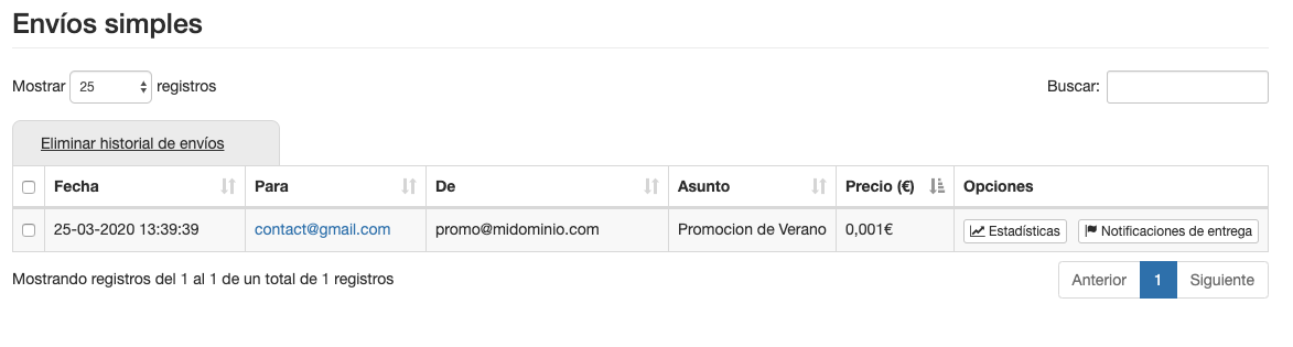 Consulta los envíos simples de email - ME Servicios Tecnológicos